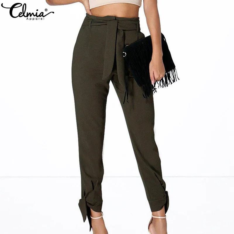 

Celmia New 2019 Fashion Autumn Women Casual Pants High Waist Trousers Female Streetwear Capris Bandage Summer Pants Plus Size