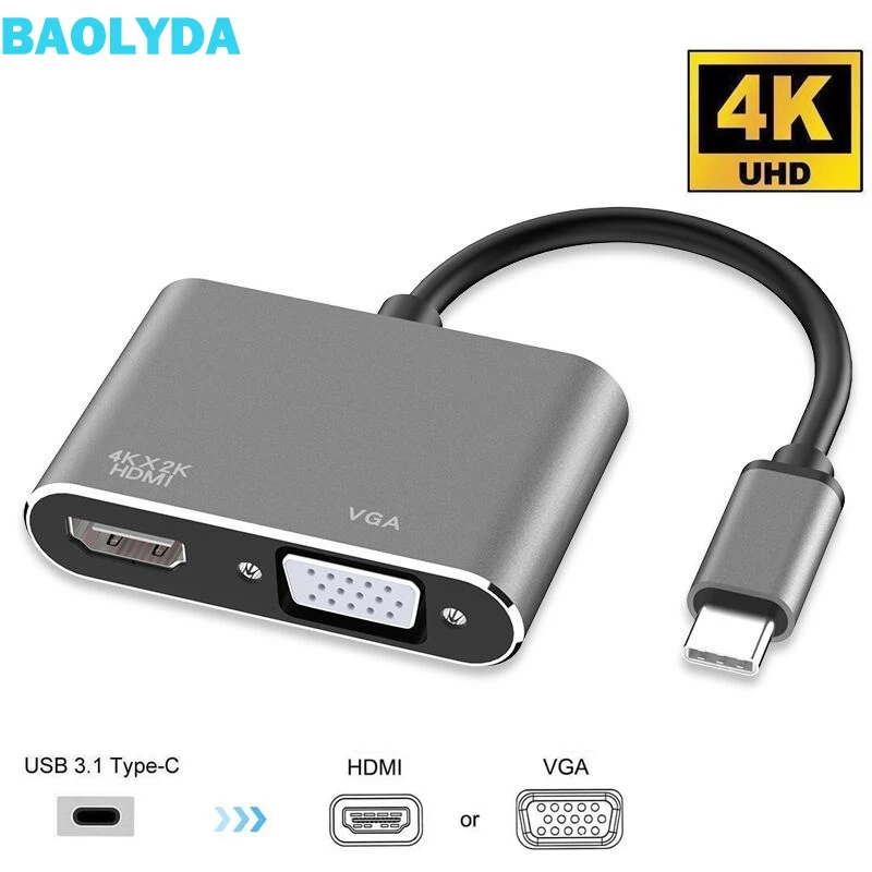 Baolyda USB C концентратор HDMI VGA адаптер Type к 4K UHD конвертер для MacBook Pro HP Spectre Samsung S8/S9