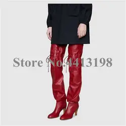 Модные черный, Красный Бабочка-узел острый носок Обувь на среднем каблуке Женские Сапоги выше колена сапоги для Для женщин Slip-on женская