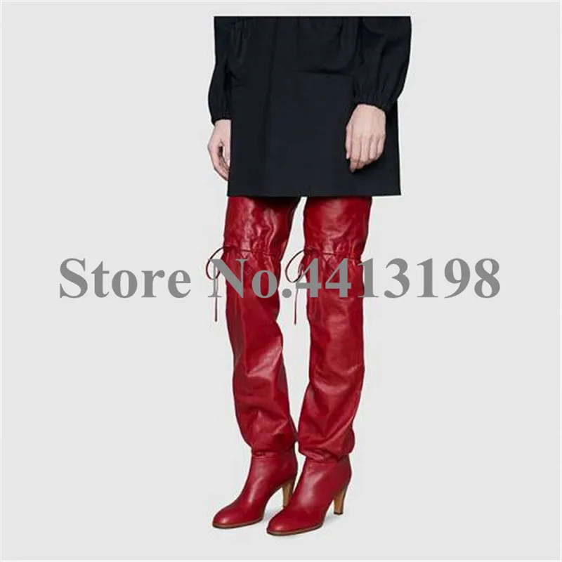 

Fashion Black Red Butterfly-knot Pointed Toe Med Heel Boots Woman Over-the-Knee Boots For Women Slip-on Thin Heels Women Shoes