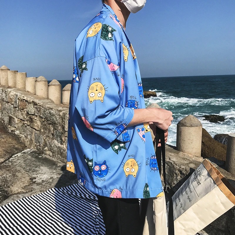 Cartoon Printed Open Stitch Three Quarter Kimono Jacket Men 2018 Summer Men's Kimono Jackets Cartoon Printed Open Stitch Three Quarter Kimono Jacket Men 2018 Summer Men's Kimono Jackets