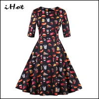 IHOT-plus-size-black-dress-3-4-Sleeve-Fast-food-Hamburgers-Fries-Printed-casual-vestido-spring