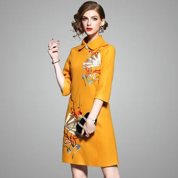 

Europe 2020 Autumn Winter Women's Fashion Slim Three Quarter Peter Pan Collar Embroidery Elegant Thick Warm Wool Zip Dresses Hot