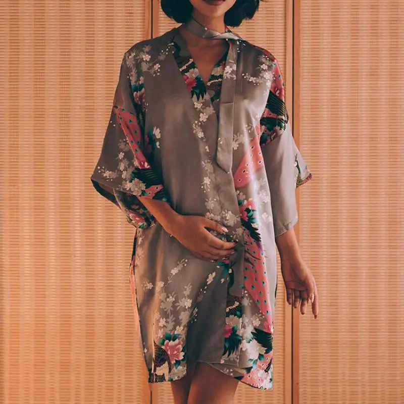 Sexy XXXL Bride Bridesmaid Wedding Dressing Robe Gray Lady Kimono Bath Gown Large Size Casual Sleepwear Floral Nightgown SG73