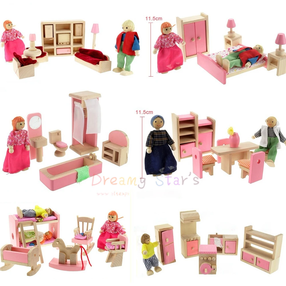 Doll House Furniture Miniature Wood 6 Dolls Toy American Girl