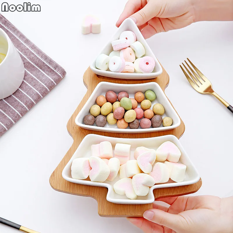 NOOLIM 4Pcs/set Christmas Tree Dinnerware Salad Fruit Dessert Candy Ceramic Dishes Porcelain Plates Restaurant Tray Tableware
