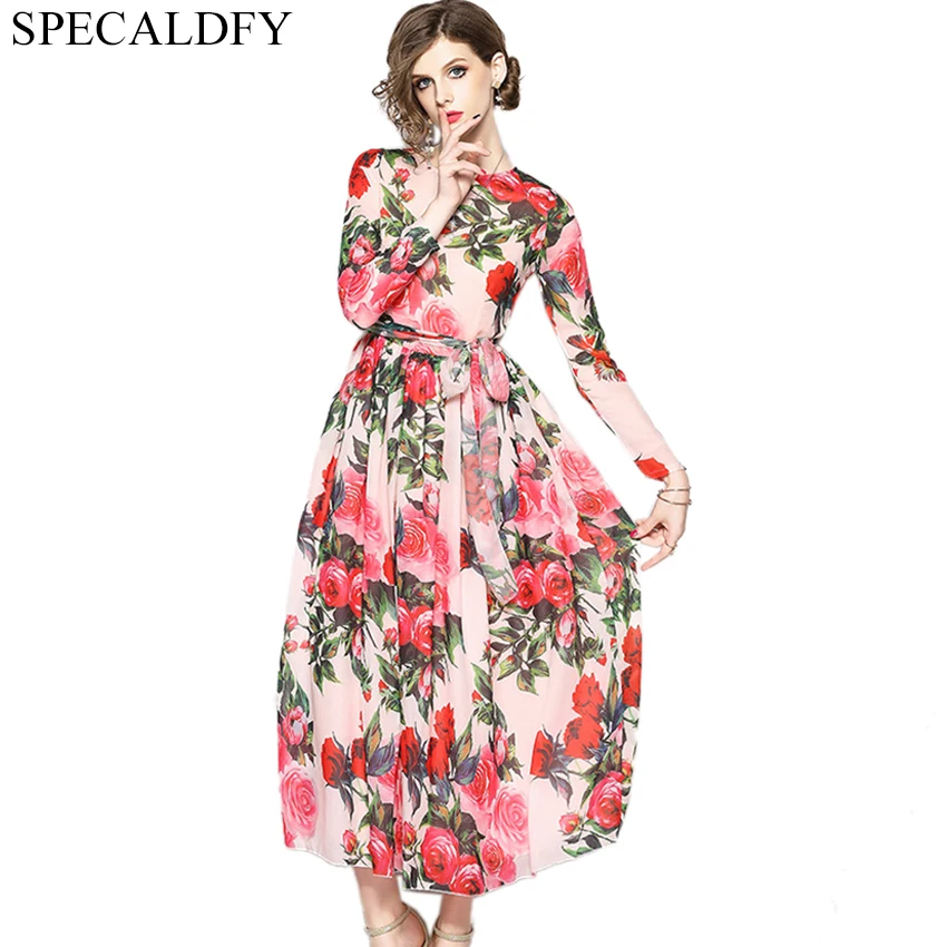 

Runway Dresses 2018 Women High Quality Floral Print Elegant Chiffon Dress Spring Autumn Dresses Party Vestidos Robe Femme Ete