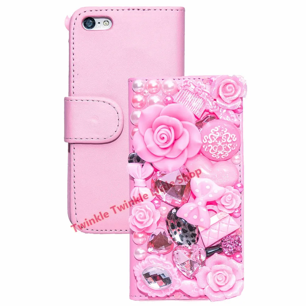 Handmade fashionable 3D diamond wallet flip leather phone