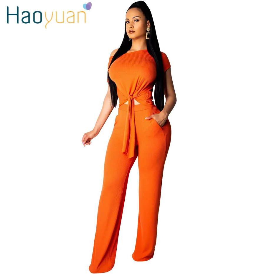 

HAOYUAN Sexy 2 Two Piece Set Women Summer Clothes Outfits Knit Bow Tie Crop Top+wide Leg Pant Sweat Suits Casual Matching Sets