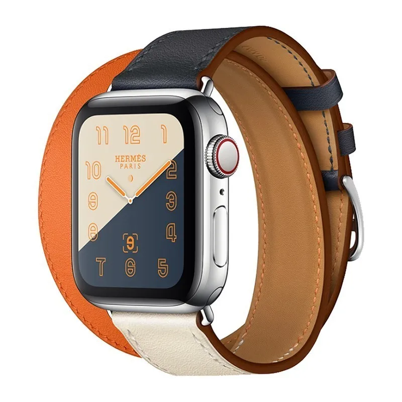 Ремешок из натуральной кожи двойной тур Браслет Кожаный ремешок для часов для Apple Watch 44 мм 40 мм iwatch Series5 4 3 2 38 мм 42 мм женщина - Цвет ремешка: Indigo Craie Orange