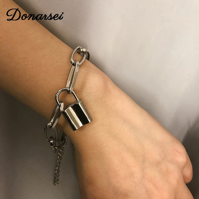 

Donarsei Minimalist Padlock Chain Bracelet For Women Brand Adjustable Gold Color Rolo Cable Lock Bracelet Rock