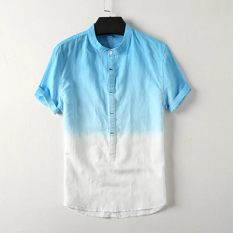 Japan Style Mens Short Sleeve Gradient Cotton Linen Shirts Stand Collar