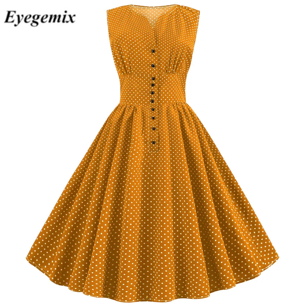 

Women Summer Vintage Dress Yellow Polka Dot 50S 60S Pin Up Rockabilly Plus Size Button A-Line Party Dresses Vestidos De Fiesta