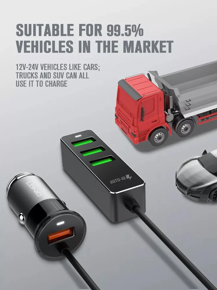 LDNIO USB Автомобильное зарядное устройство 4 порта быстрая QC3.0+ 2.4A+ 3.1A Универсальный USB быстрый адаптер с 120 см удлинитель Кабель для MPV автомобильный телефон