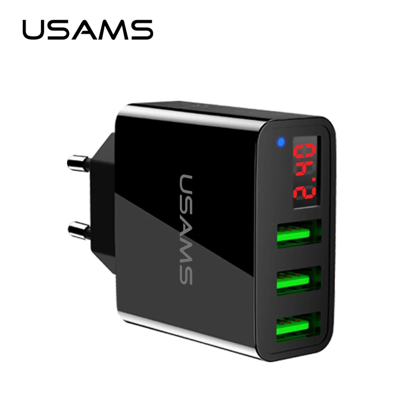 65 watt usb c charger USAMS 3 USB Port LED Display Mobile Phone Charger EU Plug 3A Fast Charging Travel Wall Charger for iPhone Samsung Huawei Xiaomi usb c 5v 3a