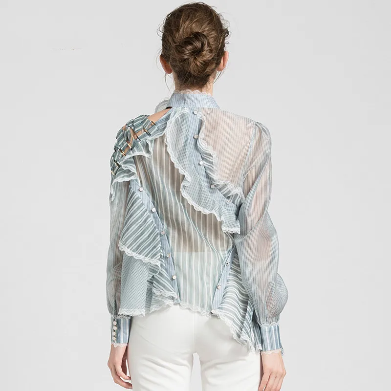 Chic Green Stripe Perspective of Short Shirt Blouse Female Garment Female Summer with Eugene Yarn High-collar Stitching Sexy Top Chic Green Stripe Perspective of Short Shirt Blouse Female Garment Female Summer with Eugene Yarn High-collar Stitching Sexy Top