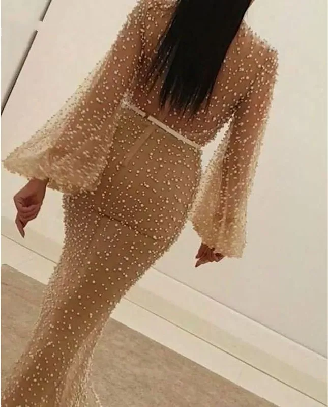 Superbe-Champagne-Perles-Perl-De-Luxe-Duba-Style-De-Bal-Robe-Grandes-Perles-Flare-Manches-Longues