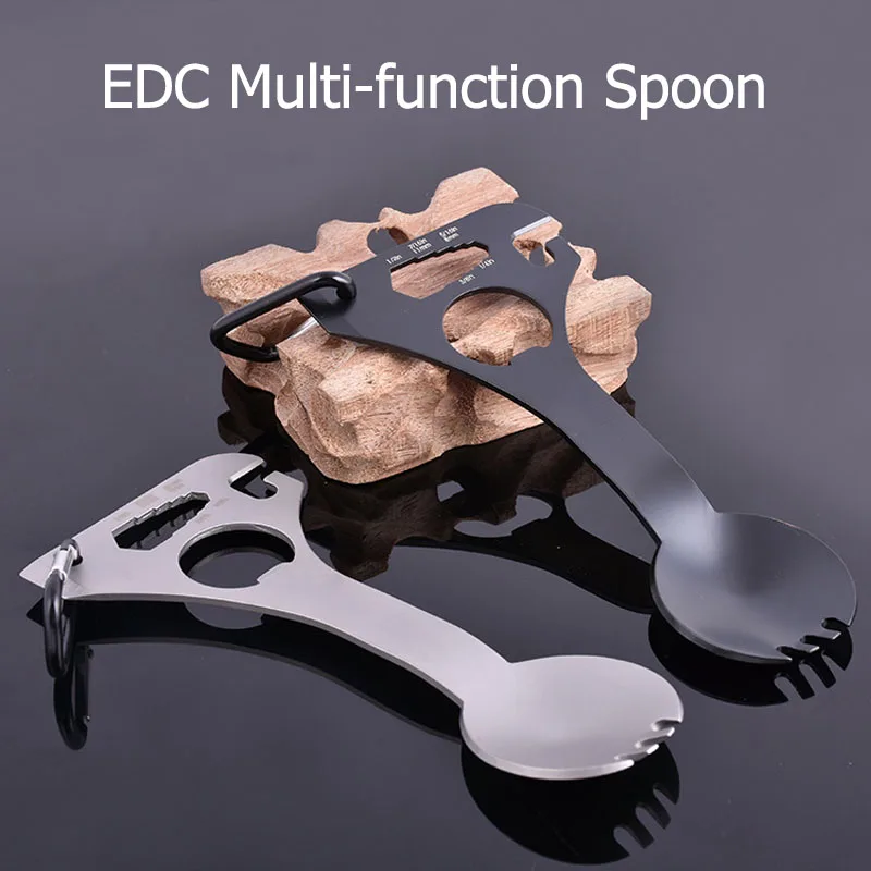 EDC Pocket Spoon Fork Wrench Bottle Opener Carabiner Home Outdoor Camping Tool