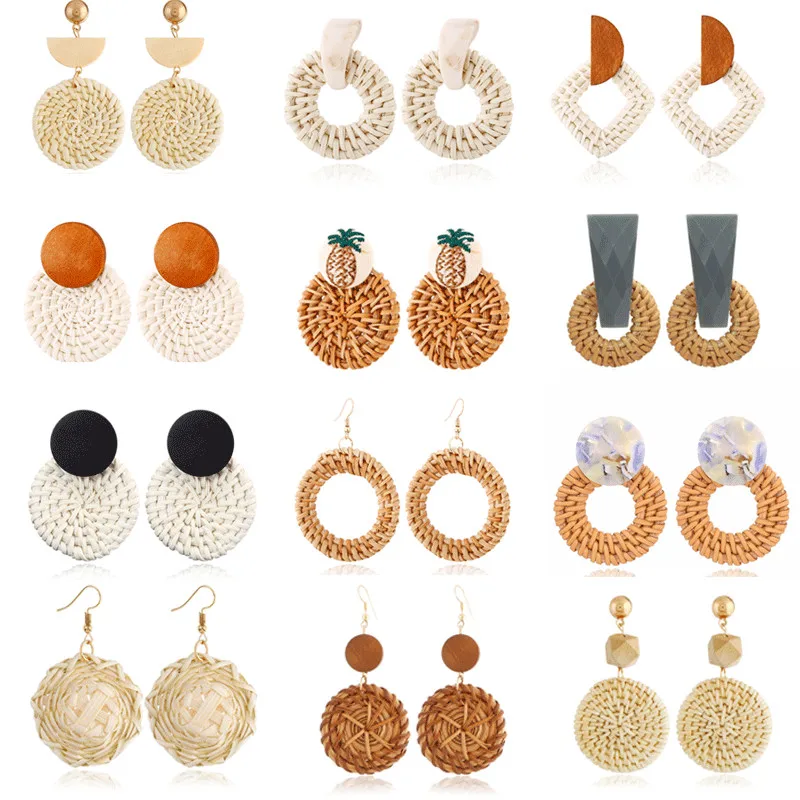 

2019 Fashion Women Straw Rattan Woven Wooden Earrings Geometric Dangle Ear Stud Jewelry Female