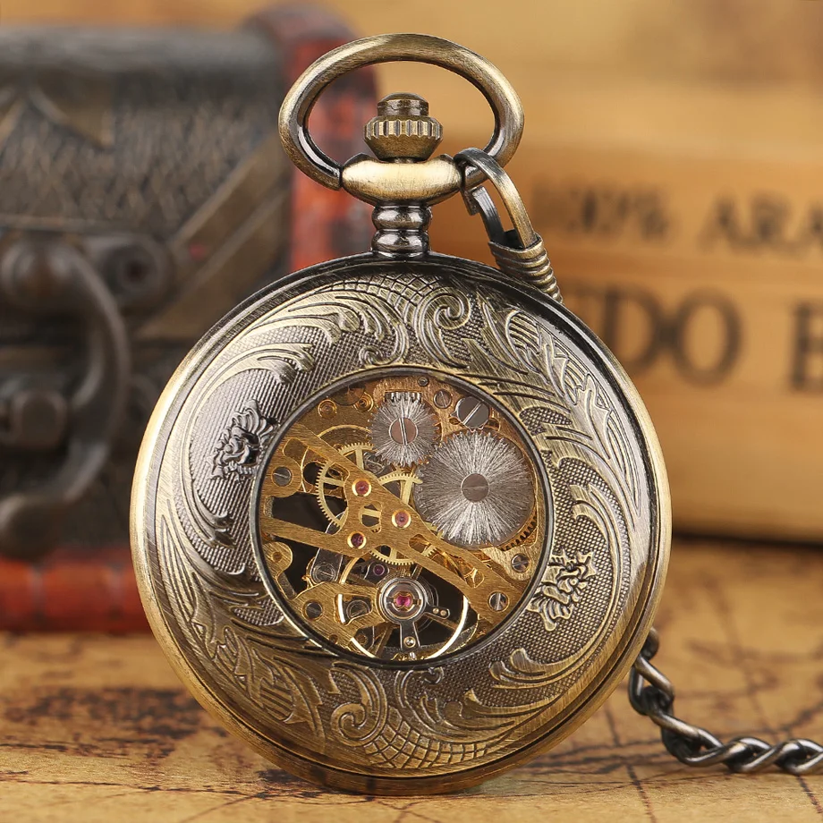 Steampunk Crystal Flower Mechanical Pocket Watch Skeleton Roman Numbers Cooper Vintage Hnad Wind Watches With 30cm Chian (8)