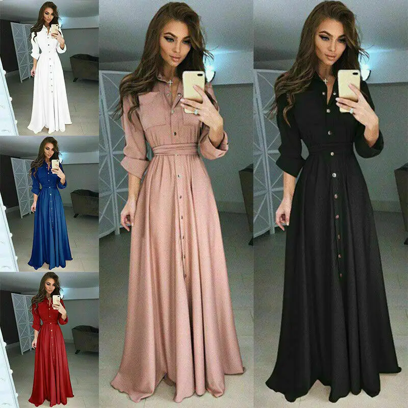 

2019 New Summer Autumn Female Buttons V Neck Long Sleeve Solid Black Red Loose Big Size Long Maxi Dress Women Fashion Trendy