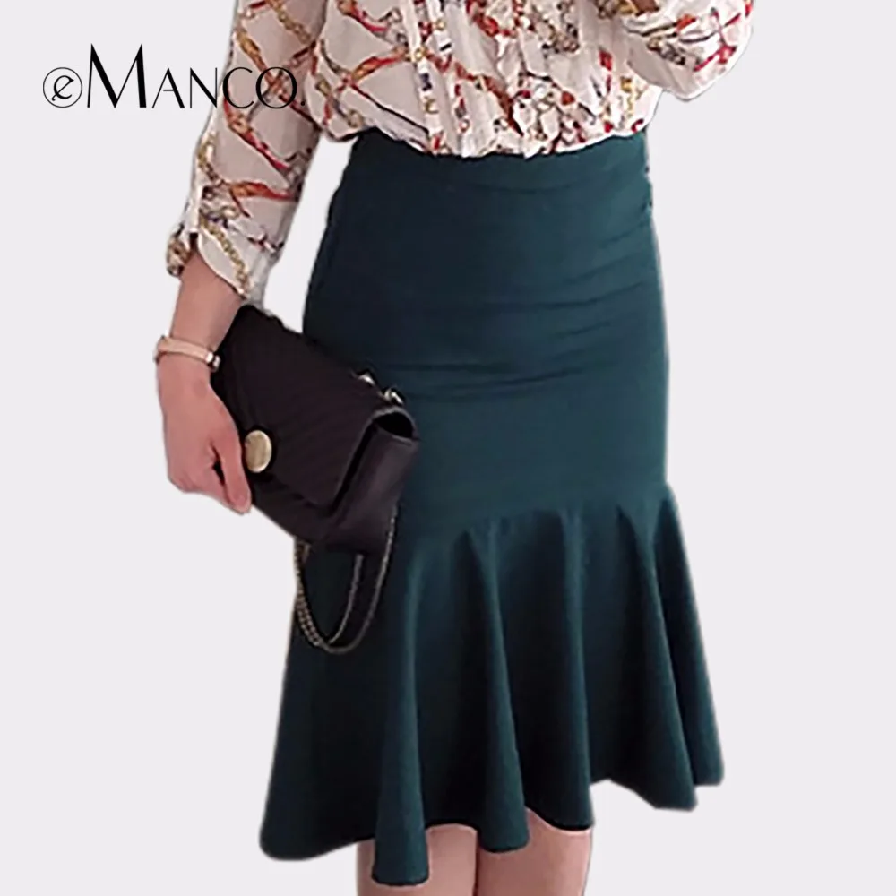 e-Manco High waist Midi School Mermaid skirt Green&Black Sexy Gothic Bodycon Office Elastic Slim Ruffles Vintage Pencil skirt