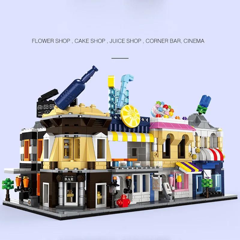 

City mini street view flower cake juice shop corner bar cinema building block assemable bricks education toys for children gifts