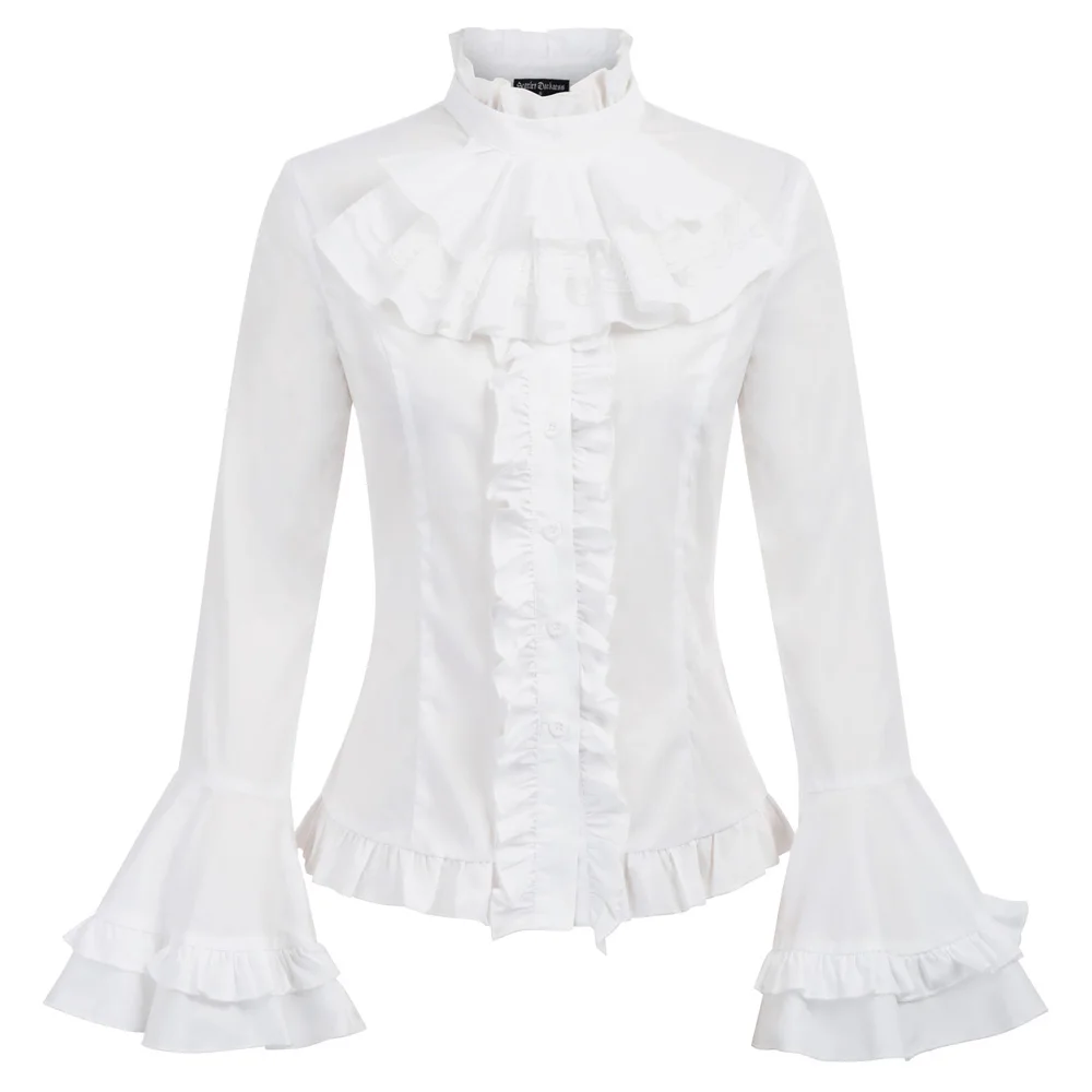 

Women's Renaissance medieval shirt Long Bell Sleeve Jabot ruffles buttons solid High-Low lace-up ladies evening party Shirt Tops