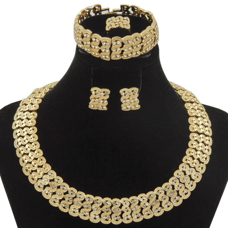 

Hot Fashion Women's Accessories New African Bride Wedding Jewelry Sets Crystal Necklace Bracelet Earrings Party Gift Set
