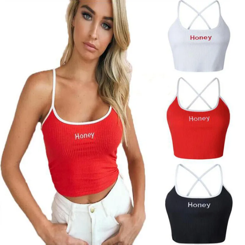 

Women Honey Letter Strap Tank Tops 2019 Female Slip Crop Tops Sexy Camis Club Camisoles White Red Black Ladies Short Tight Shirt