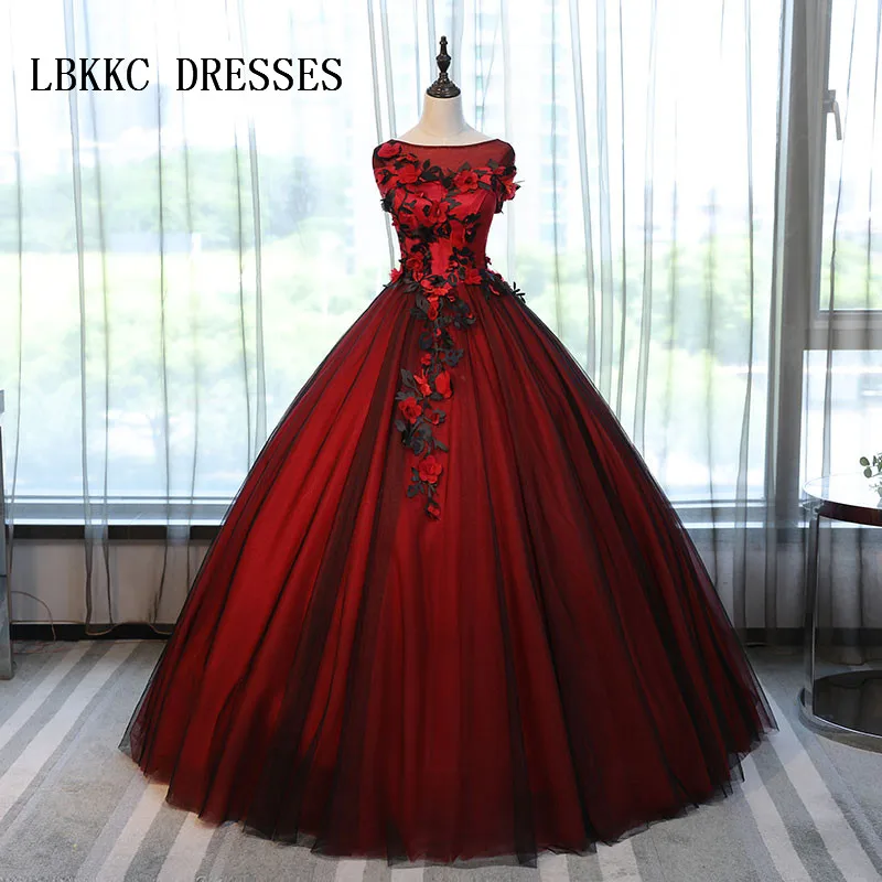 

Burgundy Quinceanera Dresses Cap Sleeves Lace With Flowers Princess Ball Gown For Prom Sweet 16 Dresses Vestidos De 15 Anos