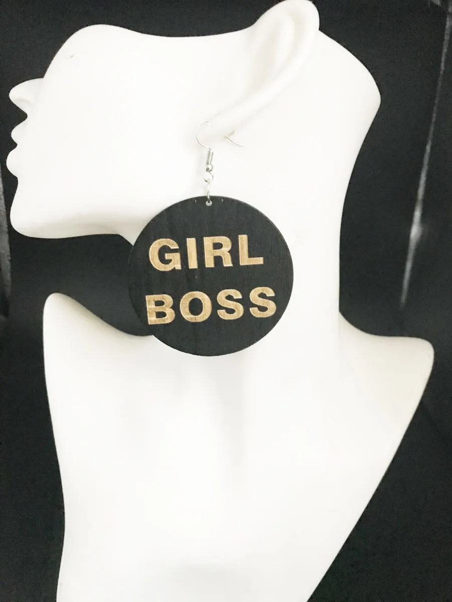 

1pair free shipping Girl Boss black color wooden earrings jewelry for women