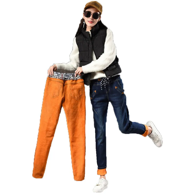 

Jeans women dark blue plus size high waist elastic denim pants 019 new autumn winter korean fashion loose add velvet jeans LR322