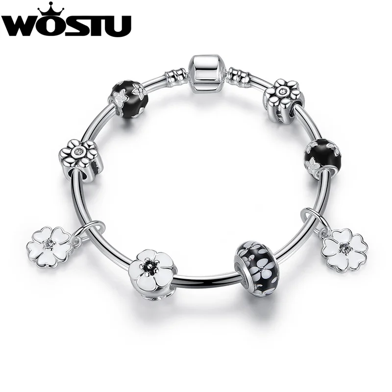 

2019 New Brand Fashion Silver Primrose Charms Bangle & Bracelet For Women Original DIY Black Flower Beads Jewelry Gift