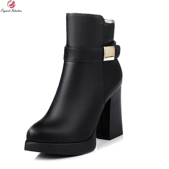 

Original Intention Fashion Women Ankle Boots Round Toe Square Heels Boots High-quality Red Grey Black Shoes Woman US Size 4-10.5
