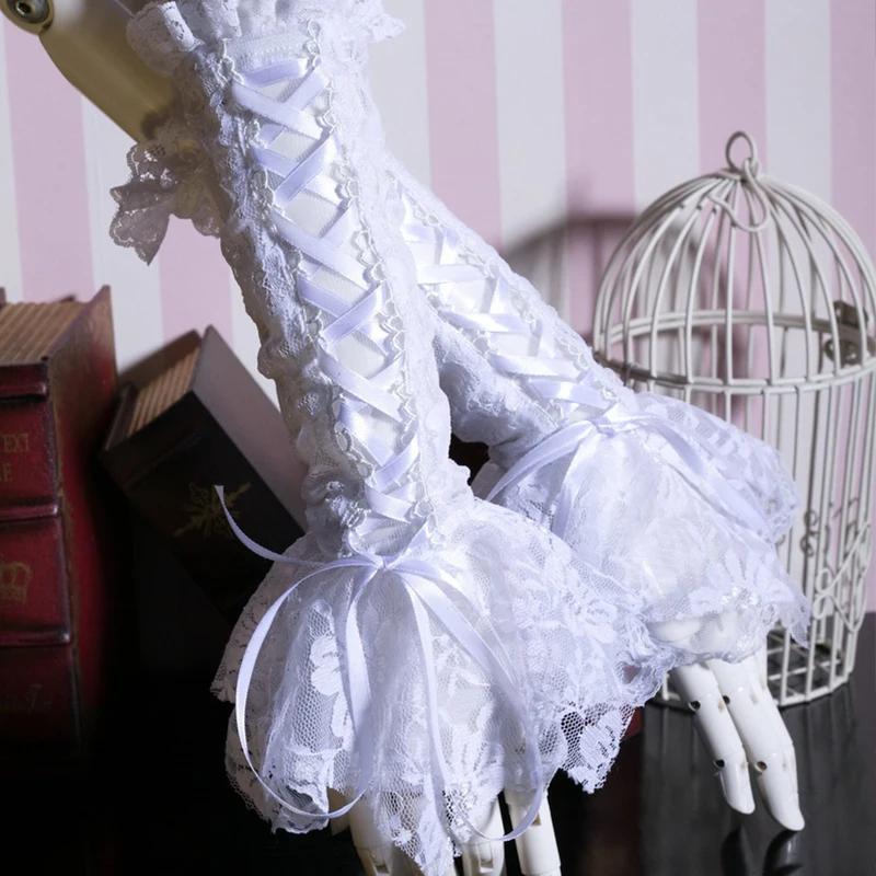 

Lolita Victorian Women Elegant Long Gloves Steampunk White Hollow Out Lace-Up Gloves Lace Cuff Gloves