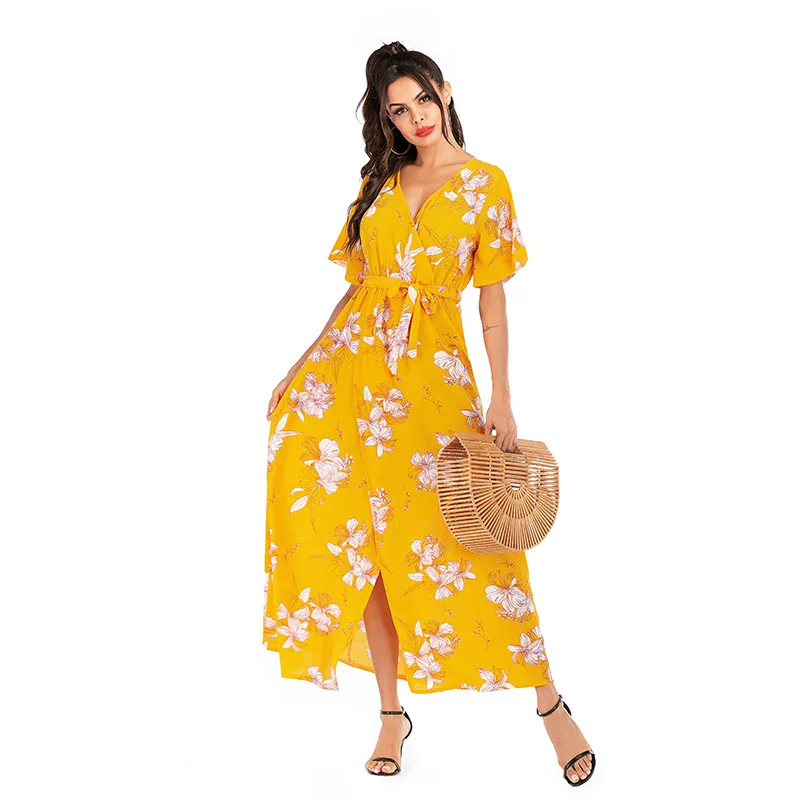 

Women Floral Chiffon Dress Female Summer Beach Dresses V-neck Short-sleeve High Waist Split Large Swing Casual Long Dress