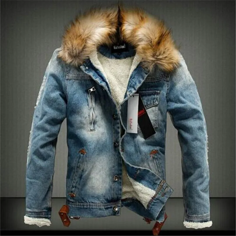 Мужская джинсовая куртка с меховым воротником Ретро рваная флисовая джинсовая куртка и пальто для осени и зимы - Цвет: Синий