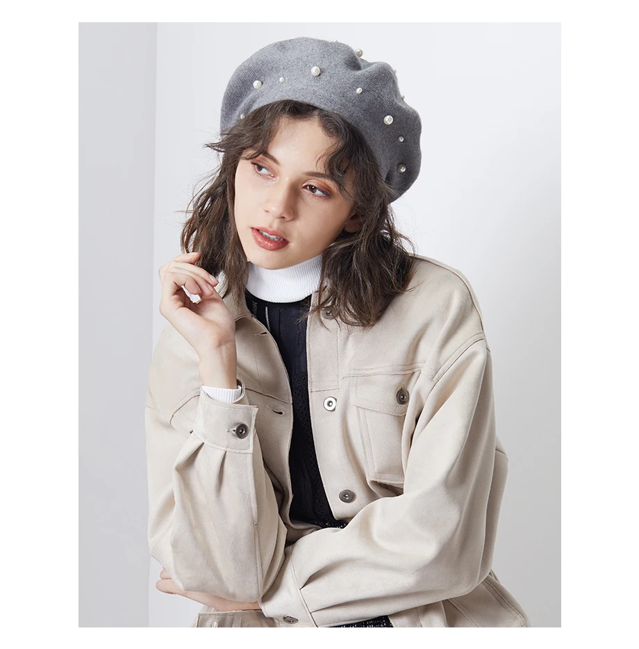 New Beret With Pearls For Woman In Autumn Winter Pure Wool Knitted Bead Pearl Cap Warm Girl Sweet Painter Ladies Hat Wholesale (16)
