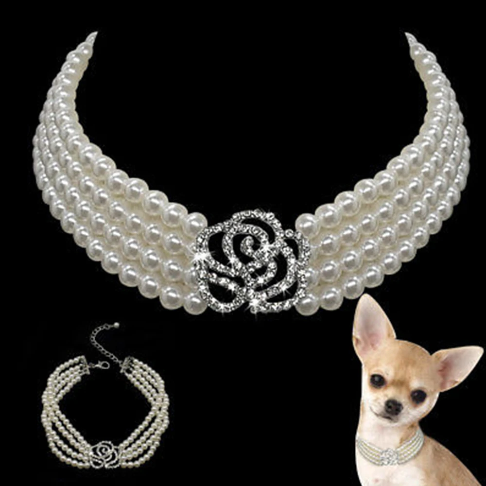

New Dog Necklace Collar Jewelry Pearls Diamante Accessory for Pet Puppy Pearl Neck Decoration Dropshipping
