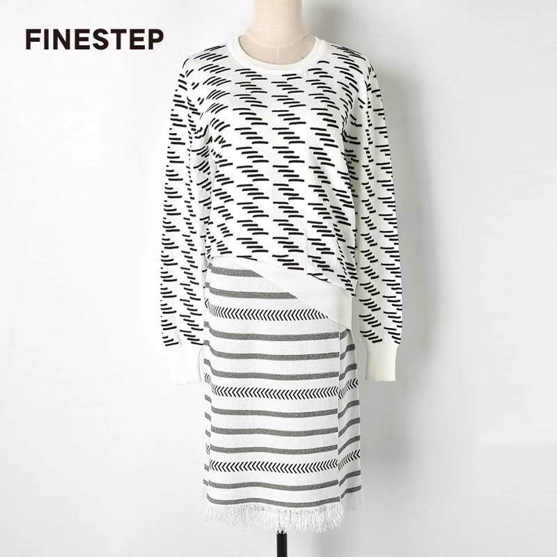 Black and White Stripe Skirt with Women Casual Long Sleeve Knitted Sweater Women Two Piece Set Top and Skirt
