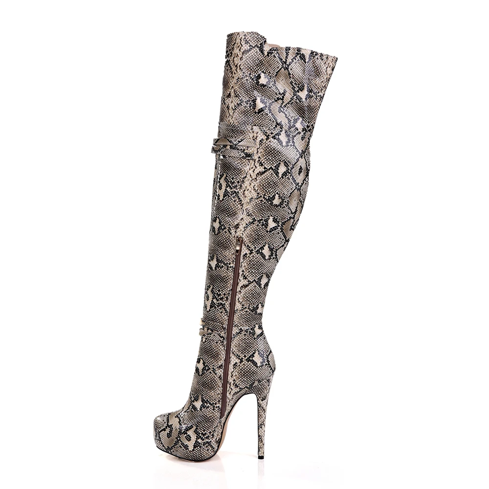 Inisastyle 2016 platform stiletto high heel Women's Shoes knee-high riding equestrian boots snakeskin zip pumps big size4-15