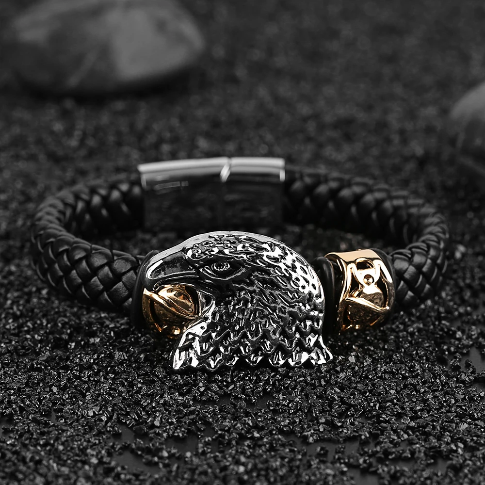 Lion Skull Eagle Punk Woven Bracelets Men Hot Sale Charm Bracelet Male Steampunk Skeleton Bangle Chain Black Leather Bangles (33)