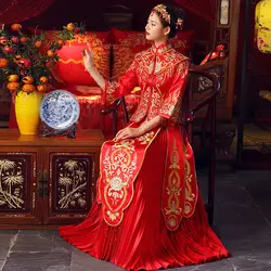 Красные Chongsam китаянка цветочной вышивкой Qipao свадебной фотографии Костюмы Свадебное платье Vetement размеры s m l xl XXL