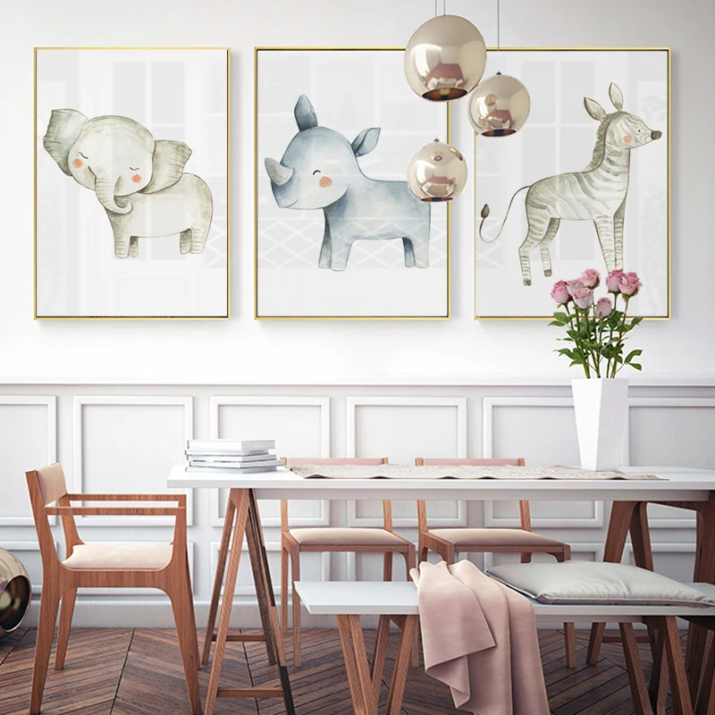 Watercolor Nursery Print Jungle Baby Animals Canvas Art Painting Posters Rhinoceros Elephant Zebra Pictures Baby Room Wall Decor