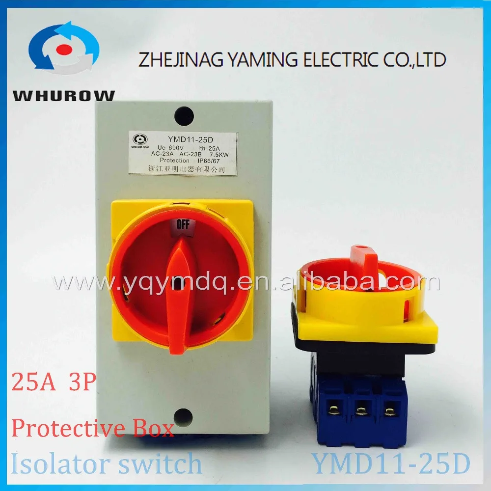 

Isolator switch with protective box cover waterproof YMD11-25D 3P rotary changeover switch on-off power cutoff with padlock