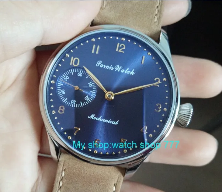 

2017 new fashion PARNIS 44mm blue dial 6497 Mechanical Hand Wind movement men's watch Mechanical watcheswholesale x00038a