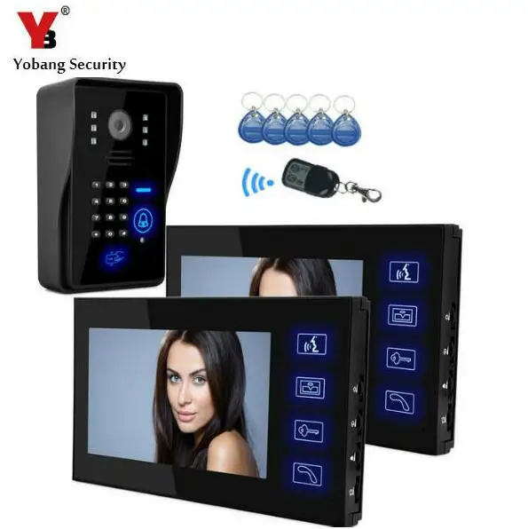

YobangSecurity 7 Inch Video Door Phone Intercom Doorbell 2 Monitors 1 Camera Remote Unlock With RFID ID Keyfob,Remote Controller