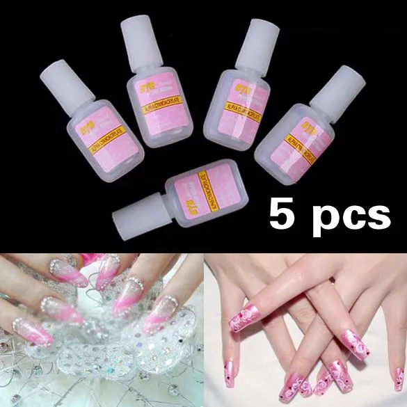 

5 x 10g Nail Art Glue Tips Glitter UV Acrylic Rhinestones Decoration With Brush Nail Polish Glue Acrylic Glue