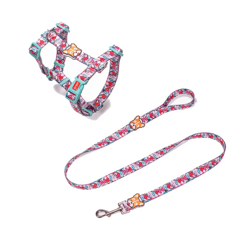 harness lead Собачий ошейник нейлоновый модный принт собака шлейка с поводком набор не тянет дроссель Бесплатный собачий ошейник поводок набор для маленьких средних щенков - Цвет: harness lead